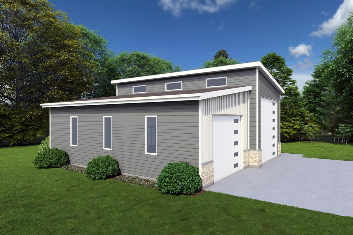 Modern house plan exterior with two garage doors, vertical windows, and clerestory windows under a sloped roof.