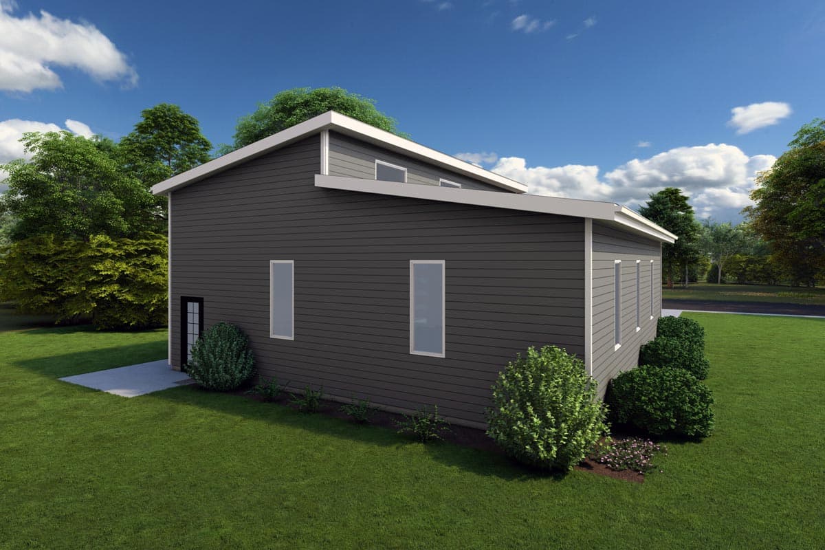 House plan exterior: Modern style, dark siding, white trim, gabled roof, and rectangular windows.