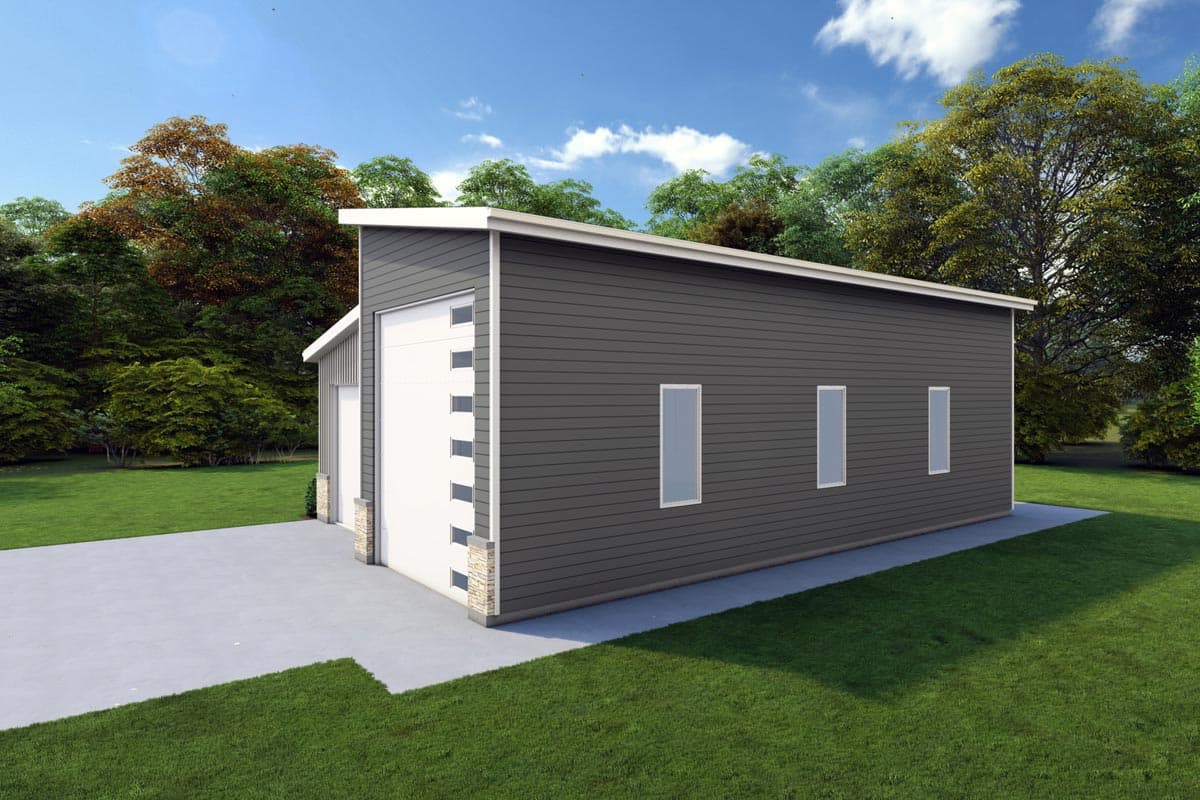 Modern house plan exterior with dark gray siding, a white garage door, and three vertical windows on the side.