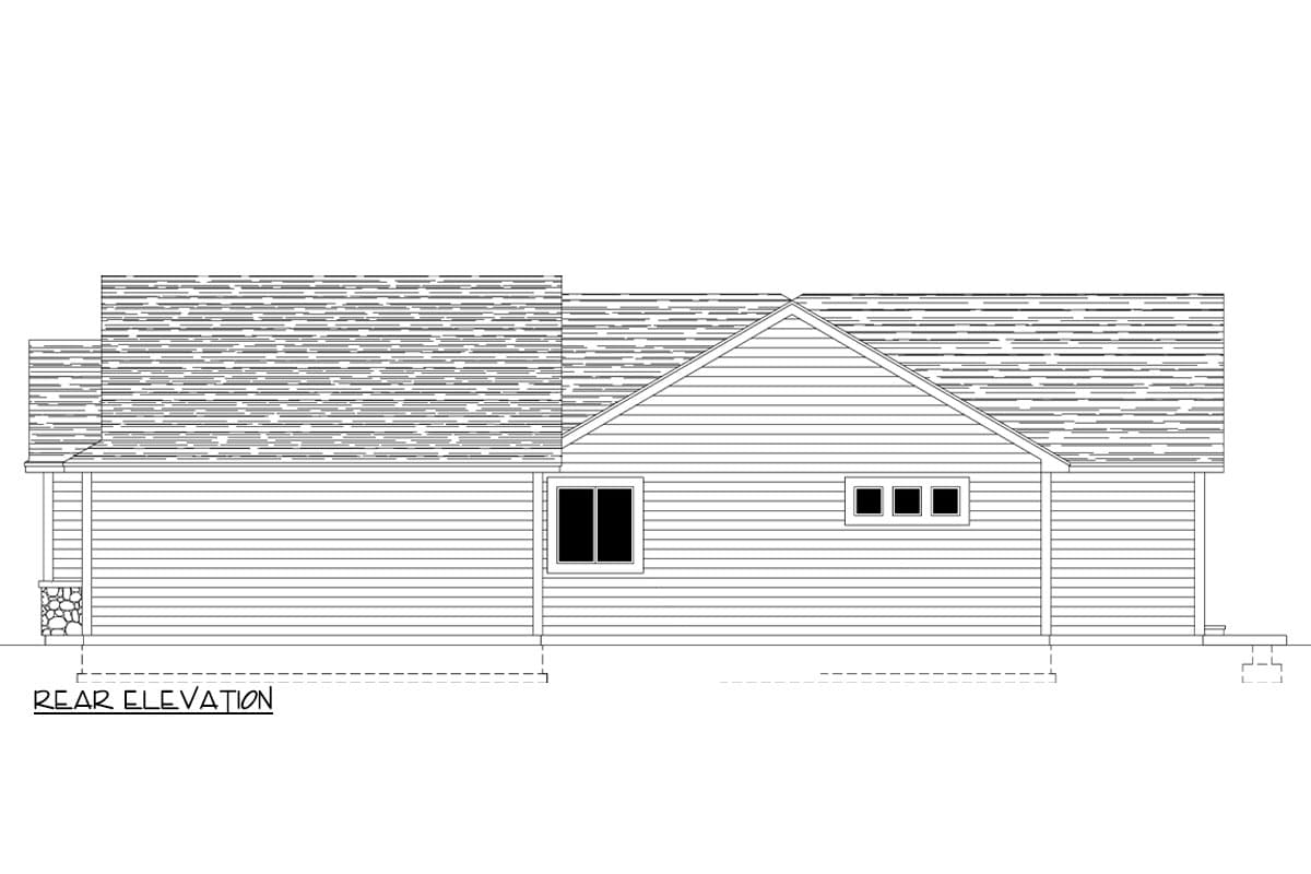 Rear elevation drawing of a one-story house with horizontal siding, gabled roof, and multiple windows.