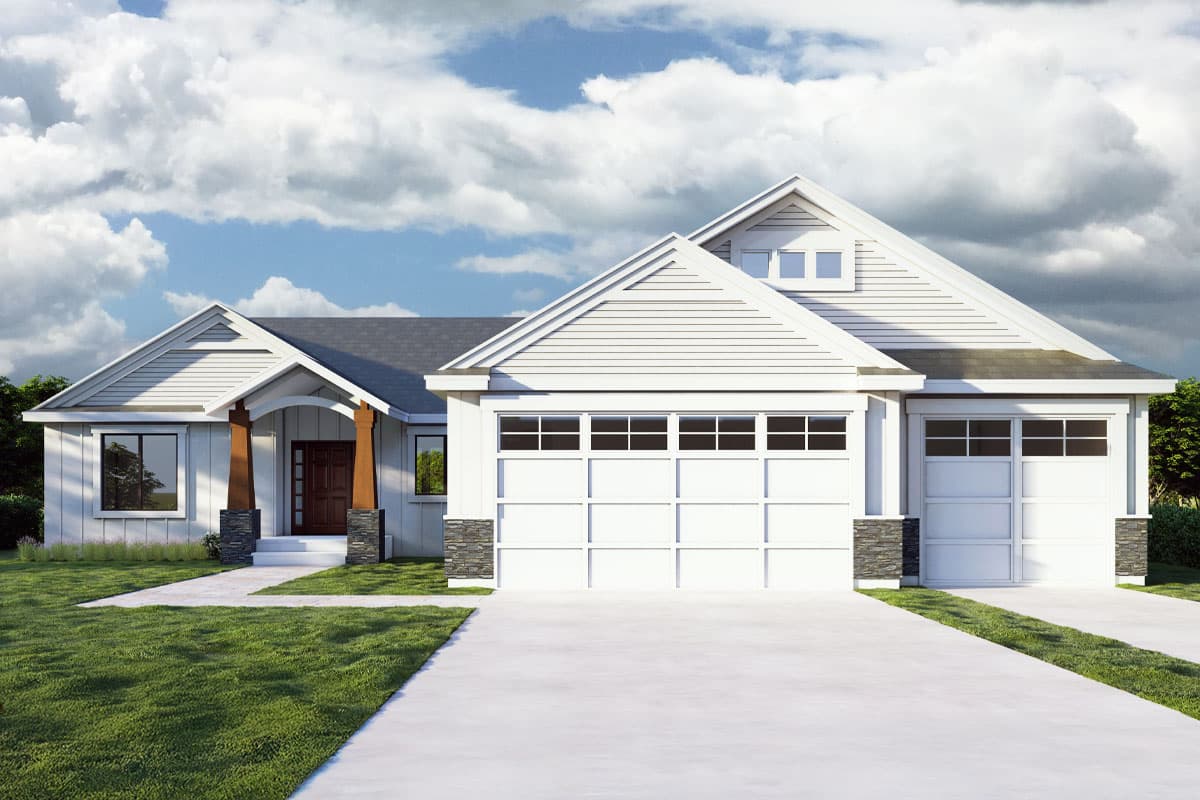 House plan exterior. Modern farmhouse style with gabled roof, two-car garage, and front porch with exposed support beams.