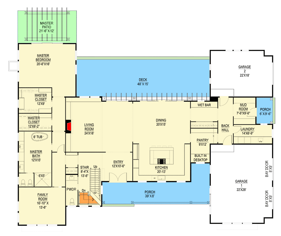 Plan 670008NEA: 6-Bed Modern Colonial House Plan with Two-Story Great Room - 6123 Sq Ft - Floor Plan - Main Level - Colonial, Country, Modern Farmhouse, New American, Transitional