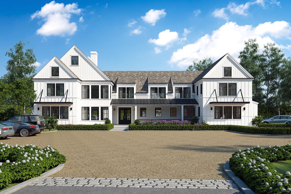 House plan exterior. Two-story Modern Farmhouse with gabled roof, dormers, and front porch with dark trim accents.
