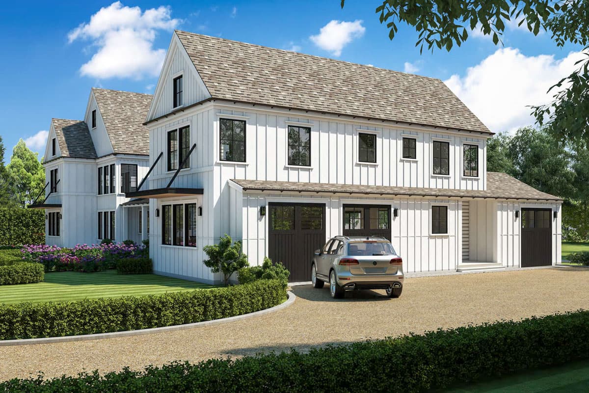 Modern Farmhouse house plan exterior with board and batten siding, multiple gables, two-car garage, and prominent dormers.