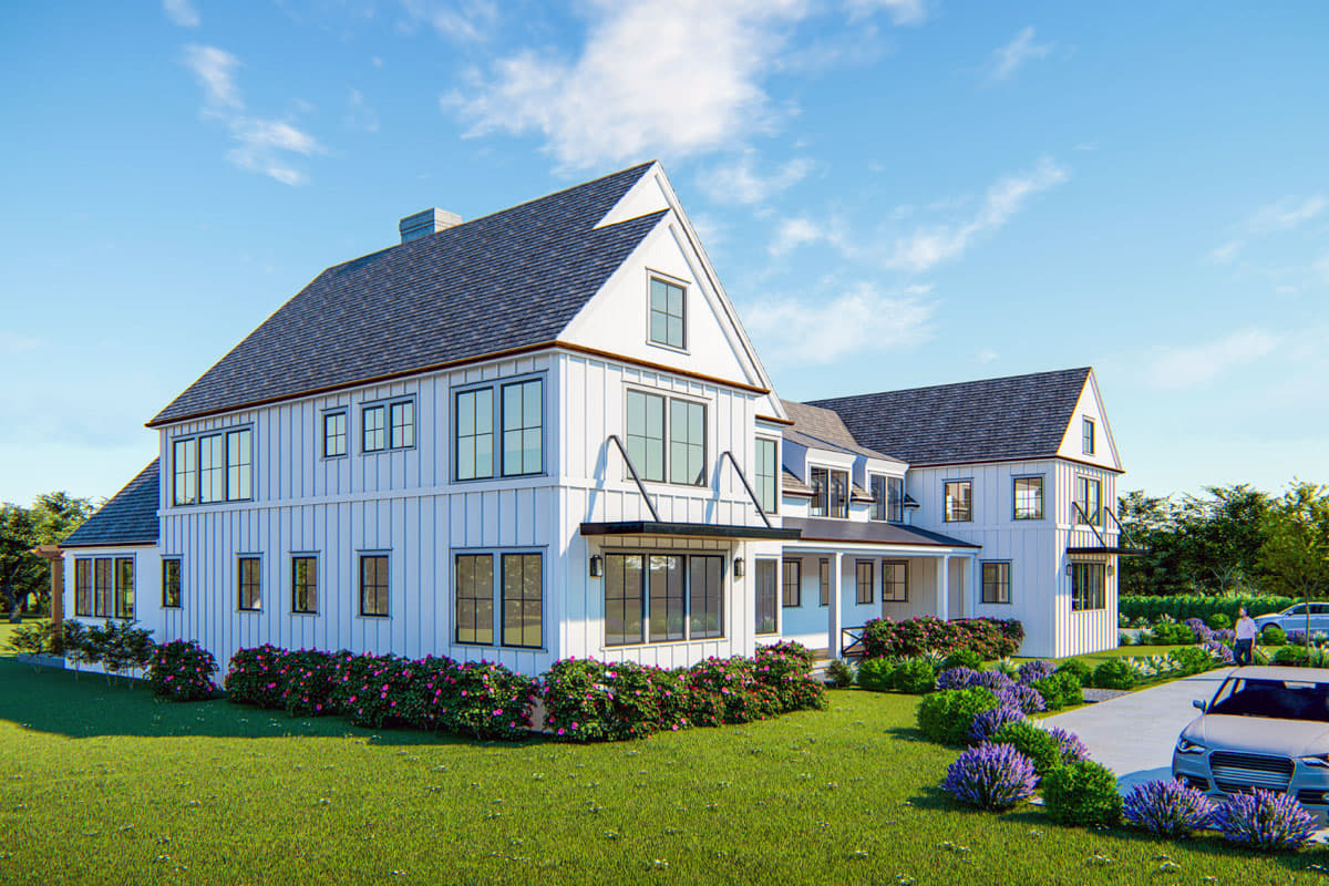 Modern Farmhouse house plan exterior, two stories, board and batten siding, gabled roof, and large windows.