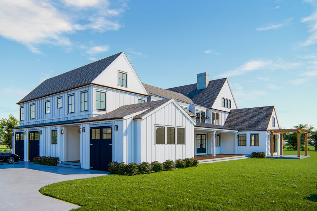 House plan exterior: Modern Farmhouse style, two stories, white board-and-batten siding, multiple gables, covered porch, and attached garages.