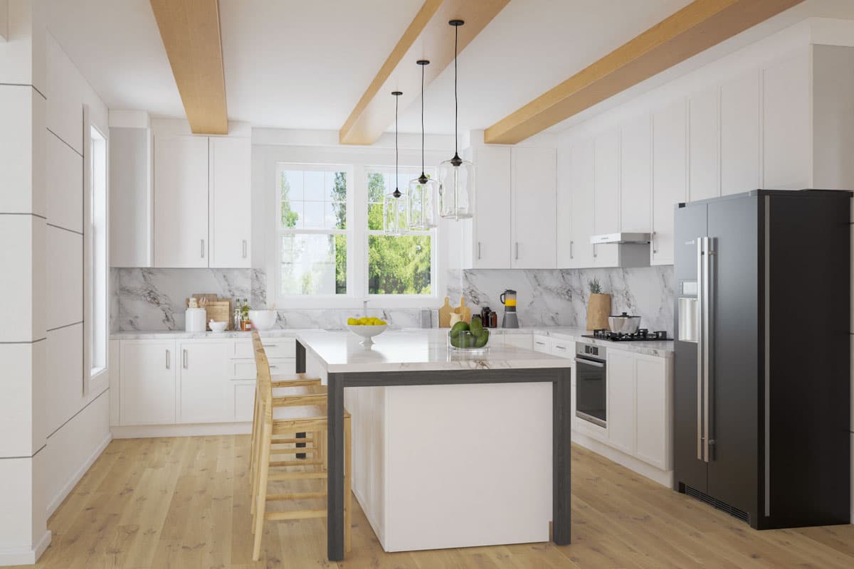 Kitchen with white cabinetry, marble backsplash, island with seating, wood floors, and exposed wood ceiling beams.