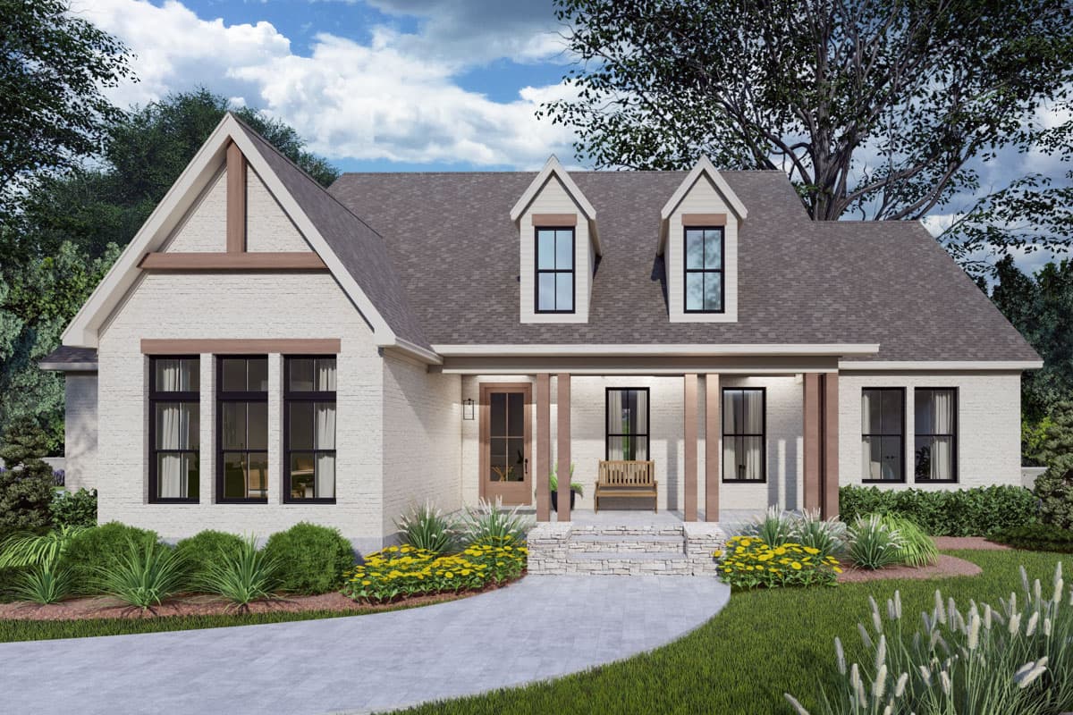 House plan exterior: White brick, 1.5-story Modern Farmhouse with prominent gable, dormers, and covered porch with timber columns.