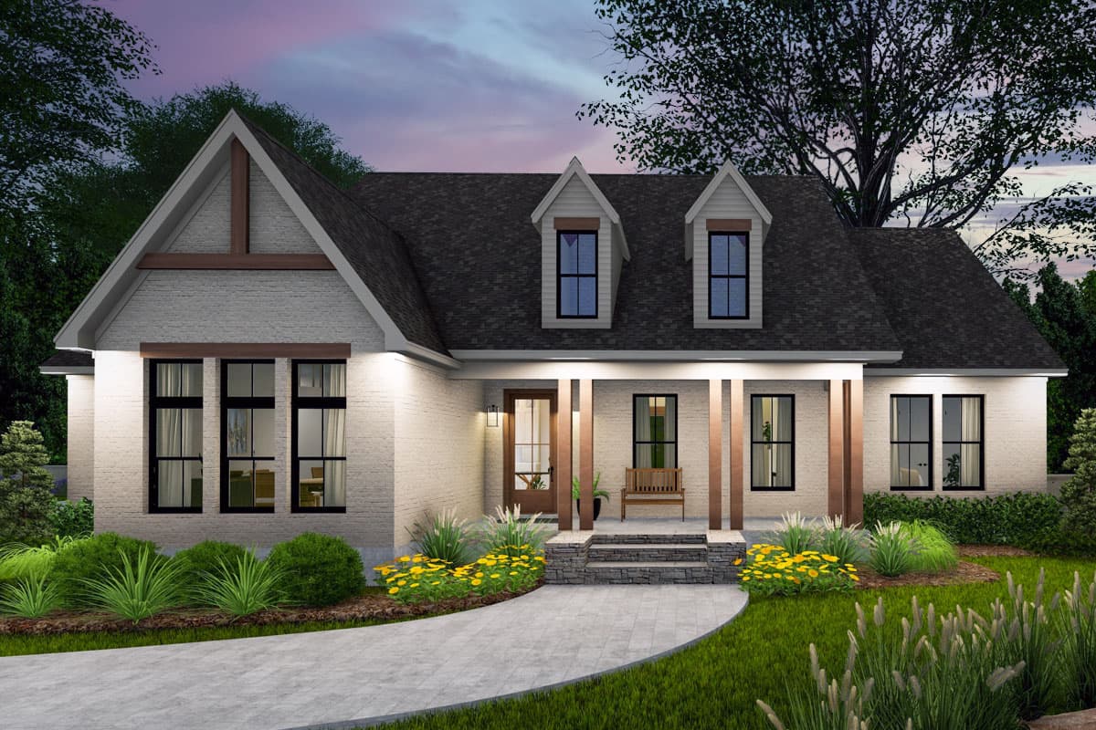 House plan exterior: Modern Farmhouse, one story, white brick, gabled entry with timber accents, front porch with timber posts, dormer windows.