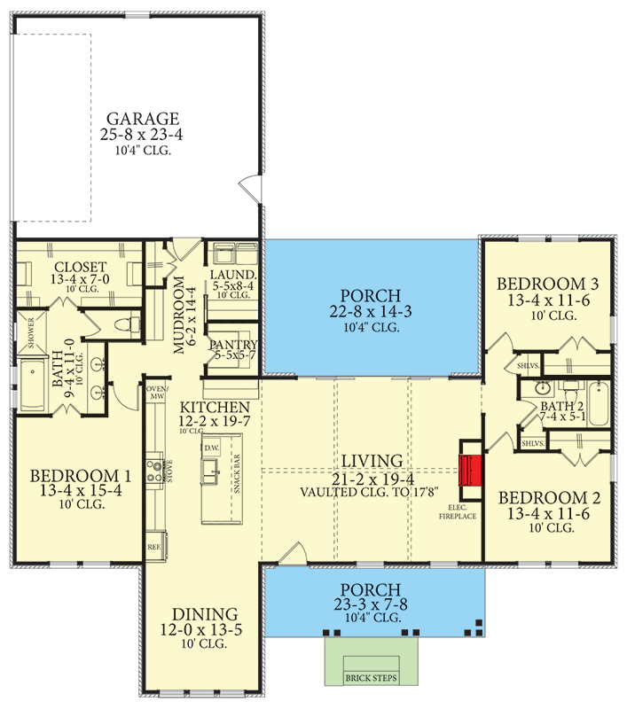 Plan 62164V: 3-Bedroom Modern Farmhouse with Vaulted Great Room - 2112 Sq Ft - Floor Plan - Main Level - Cottage, Craftsman, Modern Farmhouse