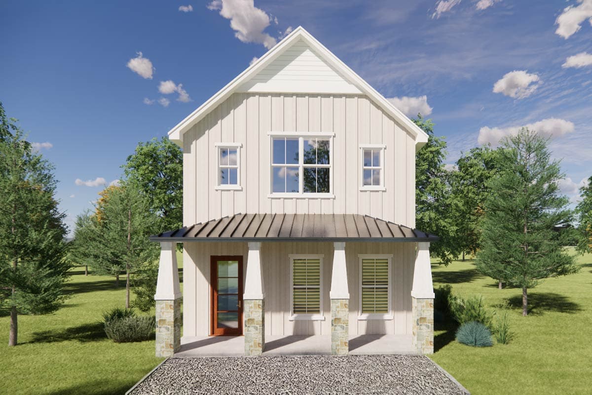 House plan exterior: Two-story Modern Farmhouse with gable roof, board and batten siding, covered porch with stone pillars, and metal roof.