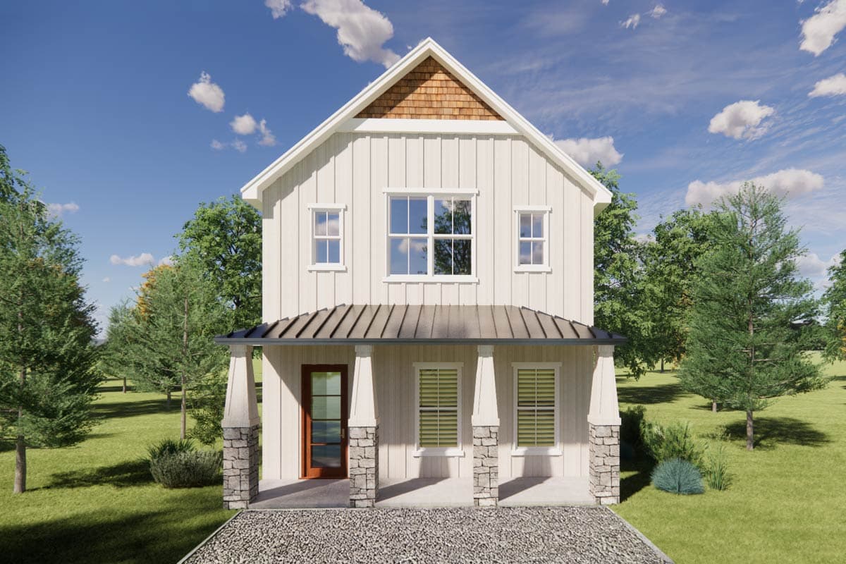 Modern farmhouse house plan exterior with board and batten siding, stone-clad porch columns, and a metal gable roof.