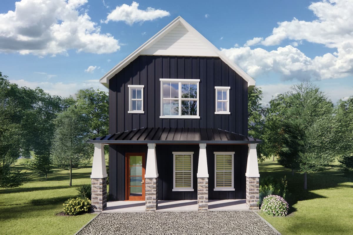 House plan exterior: Two-story Modern Farmhouse with a gable roof, covered front porch, and vertical siding. Stone columns support the porch.