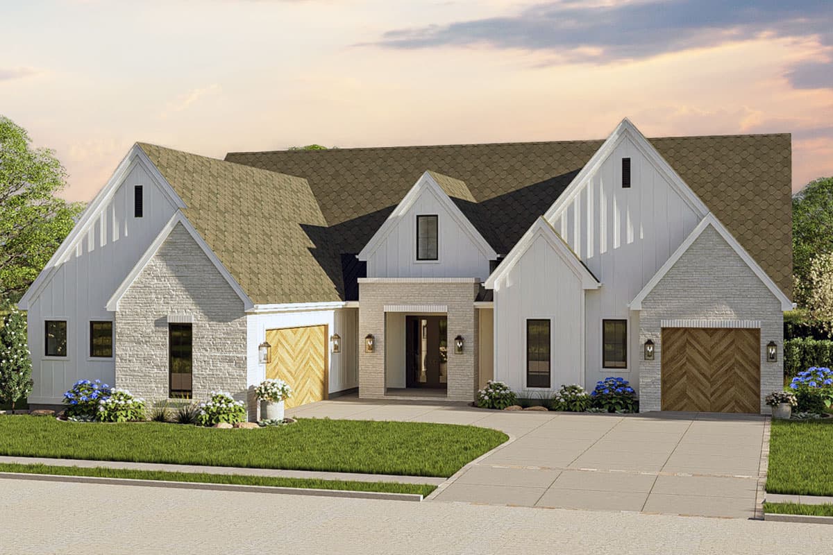 House plan exterior rendering. Modern Farmhouse style with gabled roof, board-and-batten siding, and two-car garage. Stone accents and covered entry.