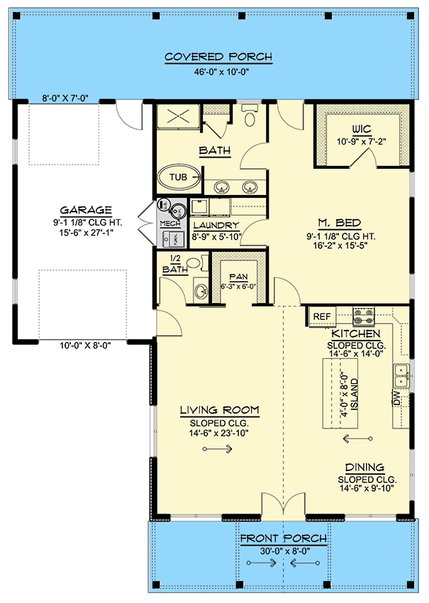 Plan 135315GRA: Single-Story Mountain Country House Plan with Workshop - 1440 Sq Ft - Floor Plan - Main Level - Country, Mountain, Ranch