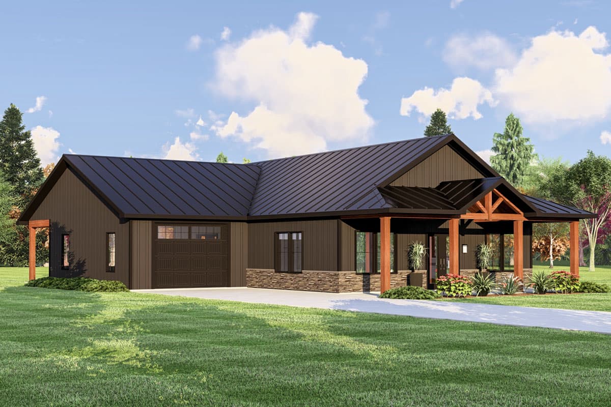 Modern Farmhouse house plan exterior, one story, with a prominent covered porch featuring exposed wood beams and a dark metal roof.