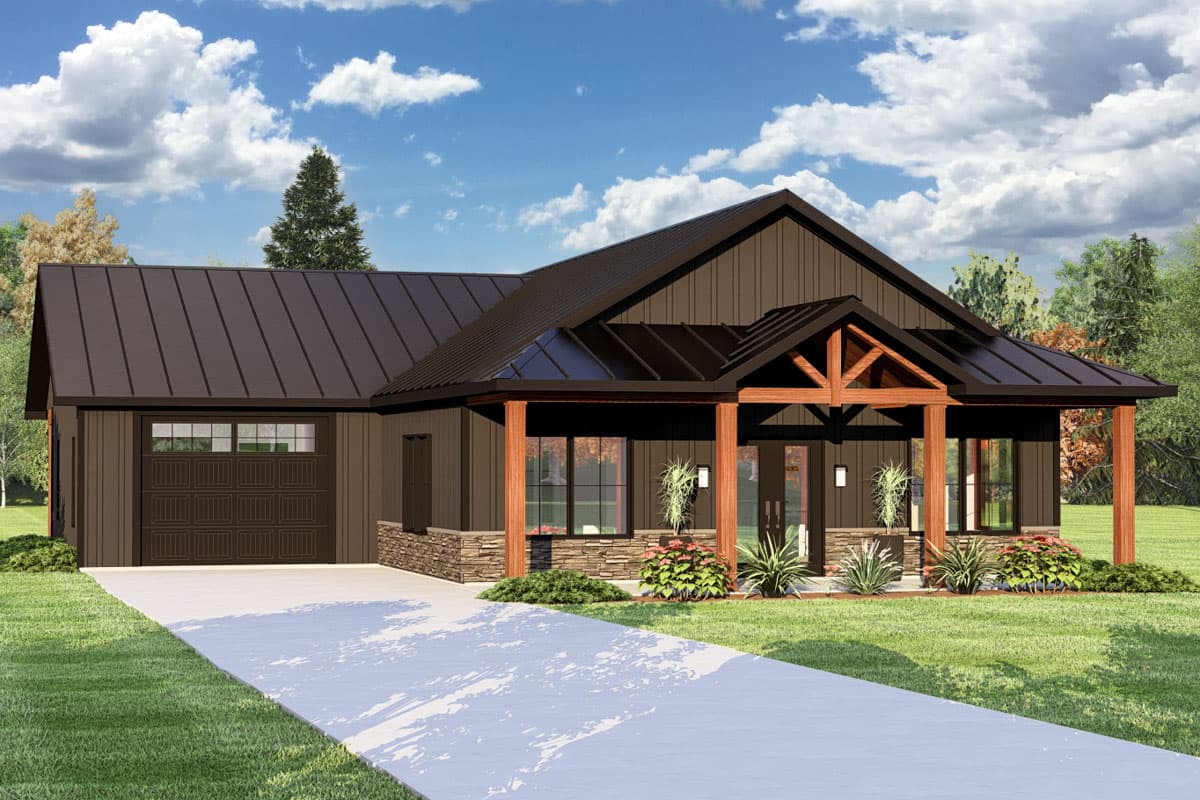 House plan exterior. One-story Modern Farmhouse with a covered porch supported by wood columns, gable roof, and attached garage.