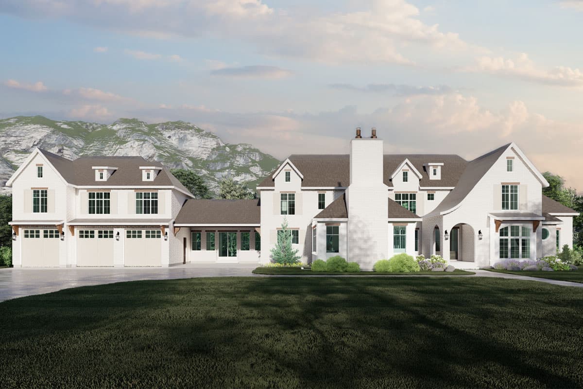 House plan exterior. Two-story home with a gabled roof, dormers, and a three-car garage. Features include a covered entry and a brick chimney.