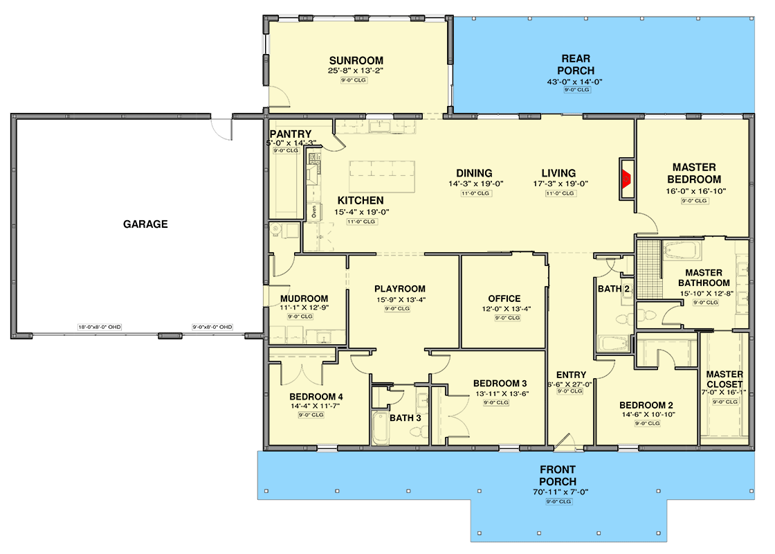 Plan 600011PDZ: 4-Bed Single-Story Craftsman with Sunroom - 3575 Sq Ft - Floor Plan - Main Level - Barndominium, Country, Craftsman, Farmhouse, Ranch