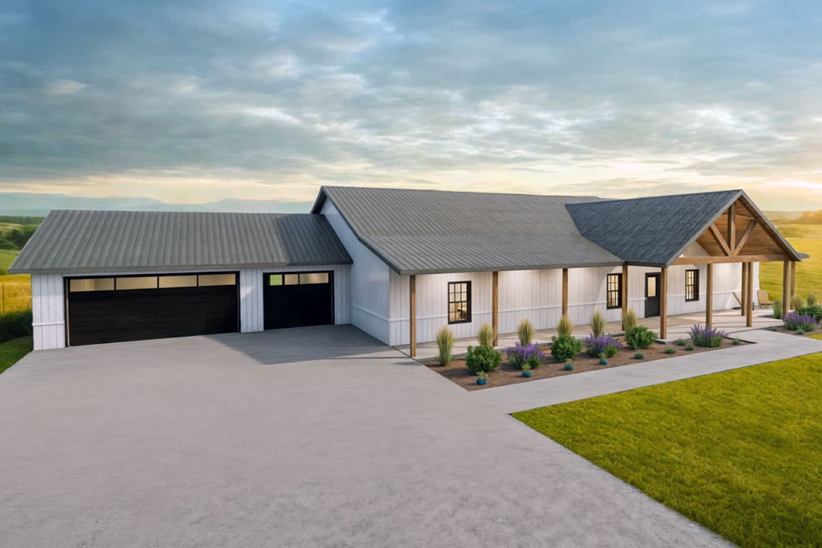 Modern Farmhouse house plan exterior with two-car garage, metal roof, and covered front porch with exposed beams.