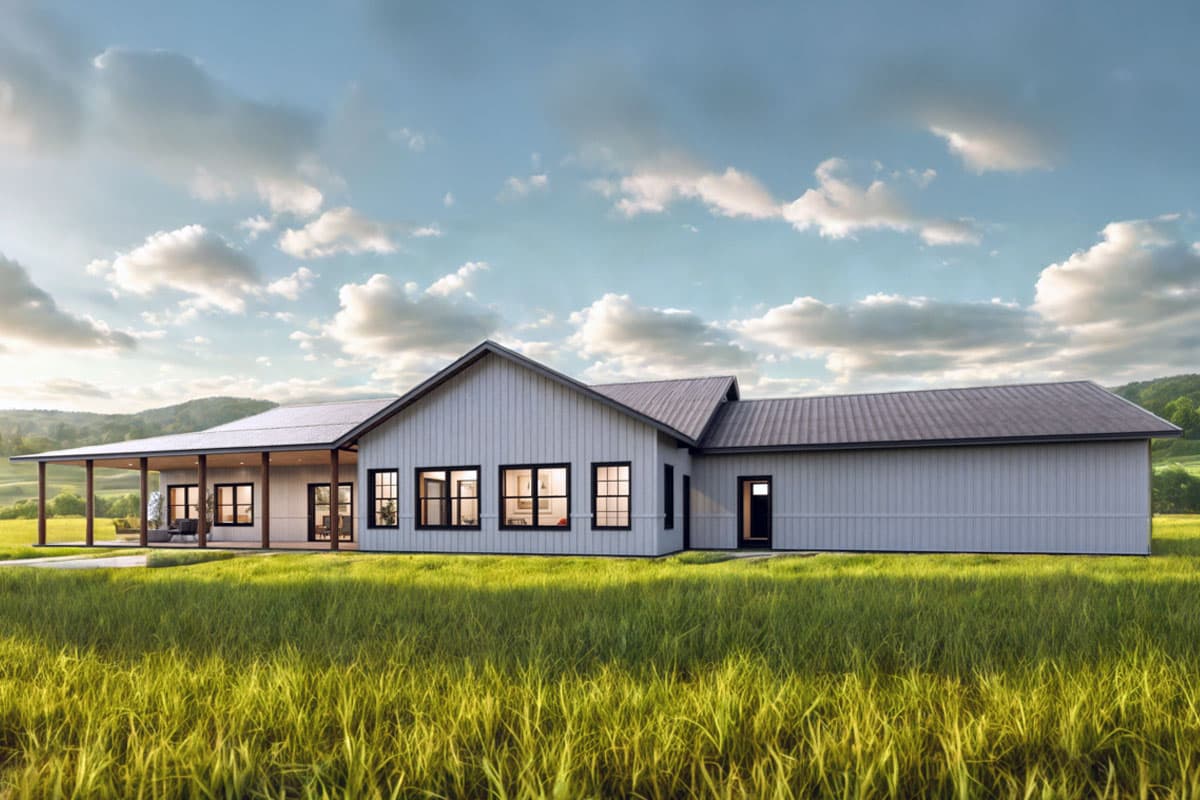 Modern Farmhouse house plan exterior with a prominent gable roof, metal roofing, and a covered porch with support columns.