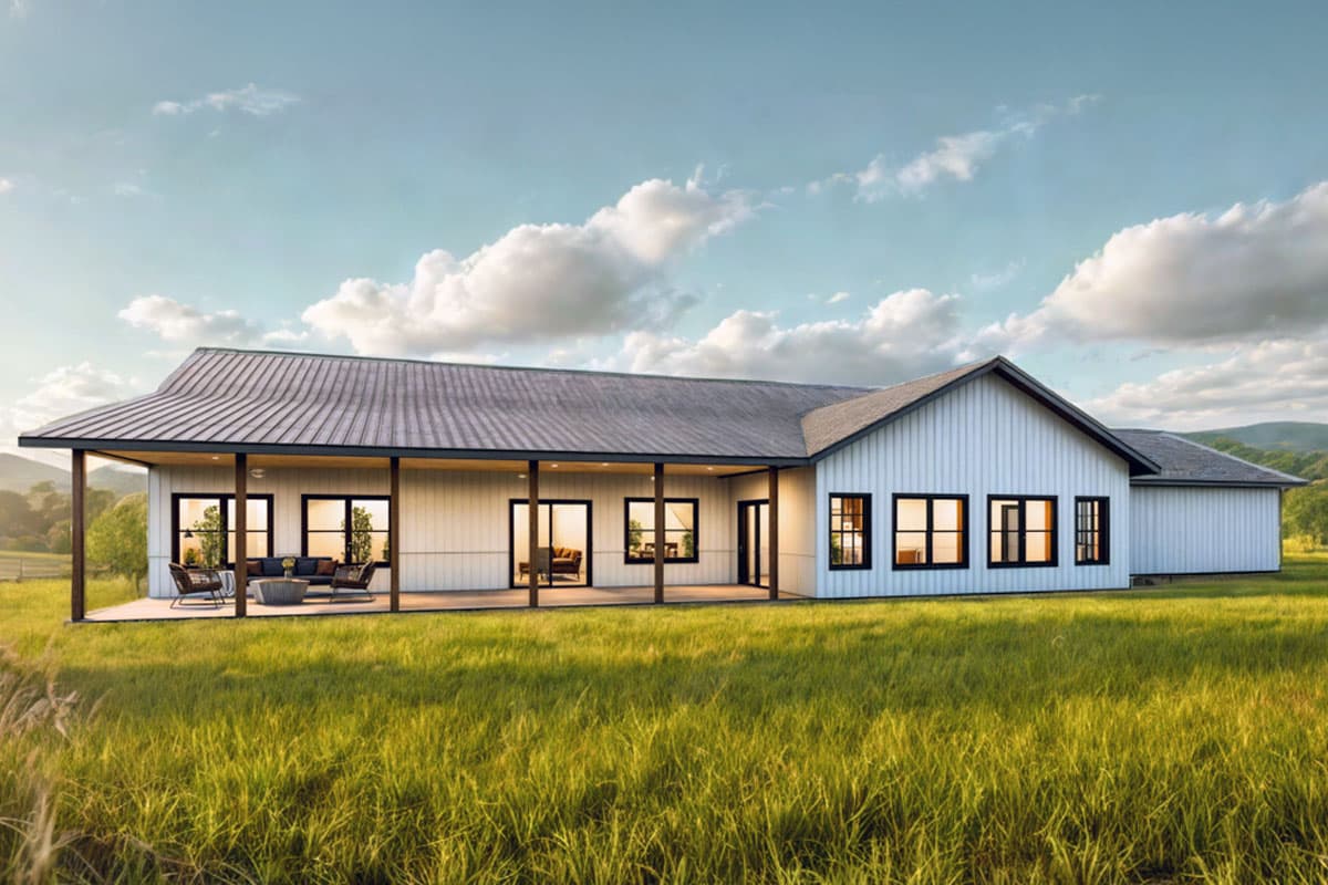 House plan exterior: single-story Modern Farmhouse with wrap-around porch, metal roof, and board-and-batten siding.