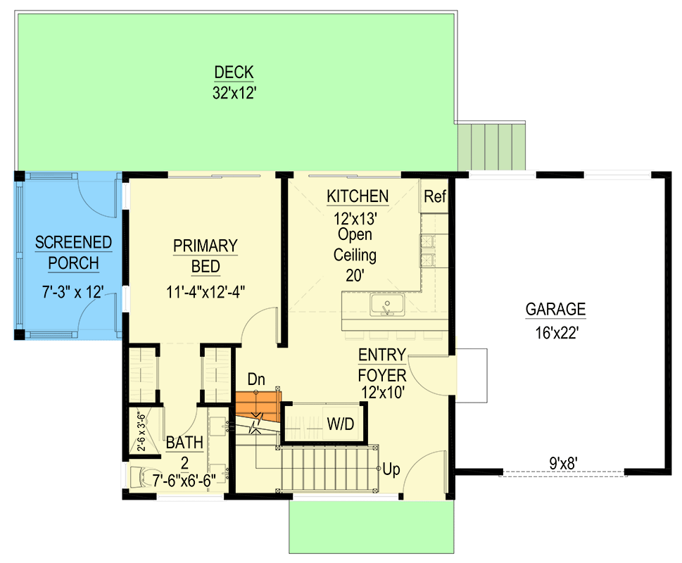 Plan 670009NEA: 2-Bed Modern Lake House Plan with Loft Overlooking Kitchen - 1006 Sq Ft - Floor Plan - Main Level - Cottage, Mid Century Modern, Modern, Mountain, Vacation