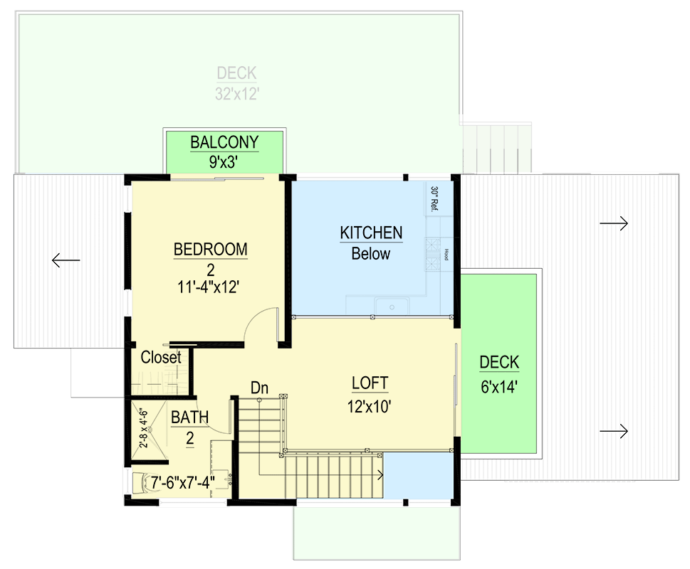 Plan 670009NEA: 2-Bed Modern Lake House Plan with Loft Overlooking Kitchen - 1006 Sq Ft - Floor Plan - 2nd Floor - Cottage, Mid Century Modern, Modern, Mountain, Vacation