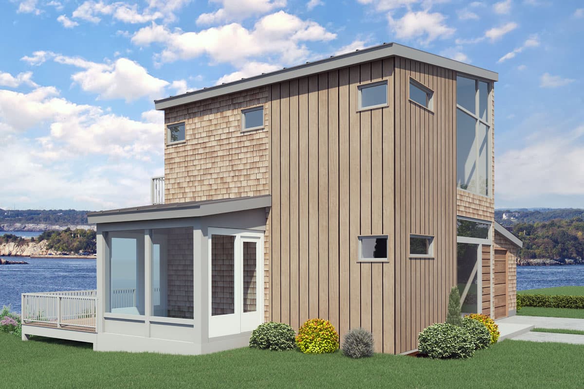 House plan exterior: Two-story modern home with cedar shingles, vertical wood siding, sunroom, and large windows.