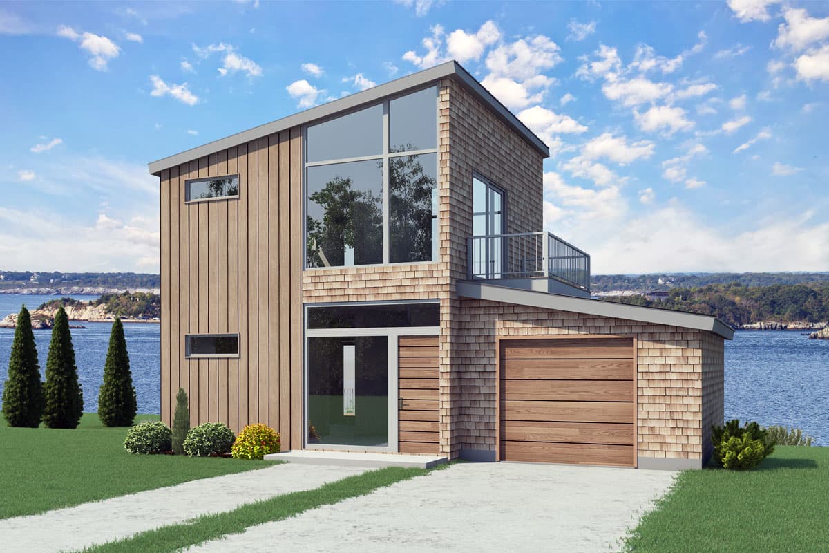 House plan exterior. Two-story modern style home with wood siding and cedar shake roof. Features include an attached garage and second-story balcony.