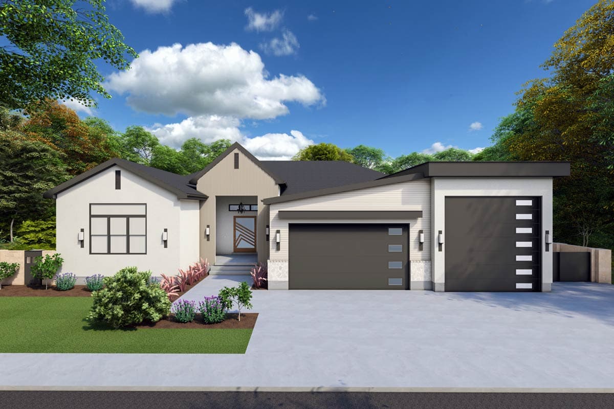 House plan exterior. Modern style, single story. Features include multiple gables, a covered entry, and a side-entry garage.