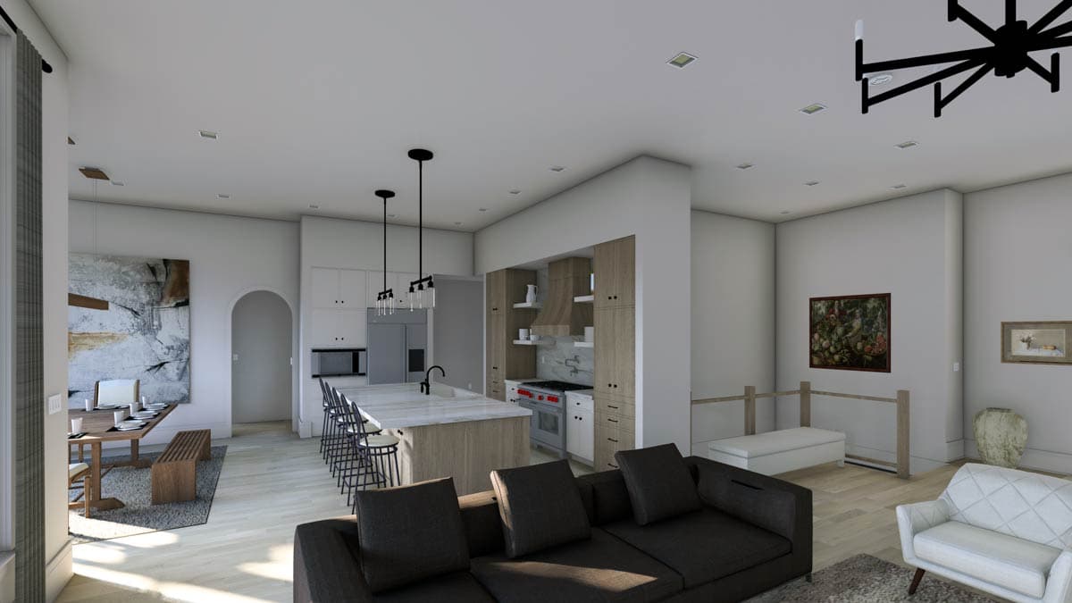 Interior rendering of a modern open-plan living space with a large kitchen island, dining area, and living room.