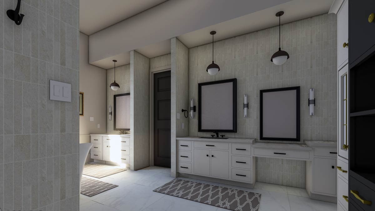 Bathroom rendering with double vanity, freestanding tub, pendant lights, and vertical tile accent.