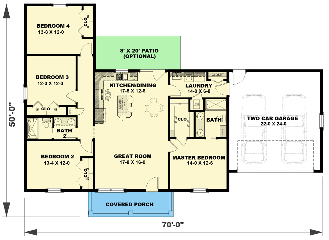 Plan 25049DH: Simple 4-Bedroom Country Cottage House Plan with 2-Car Garage - 1623 Sq Ft - Floor Plan - Main Level - Cottage, Country, Farmhouse, Ranch, Traditional