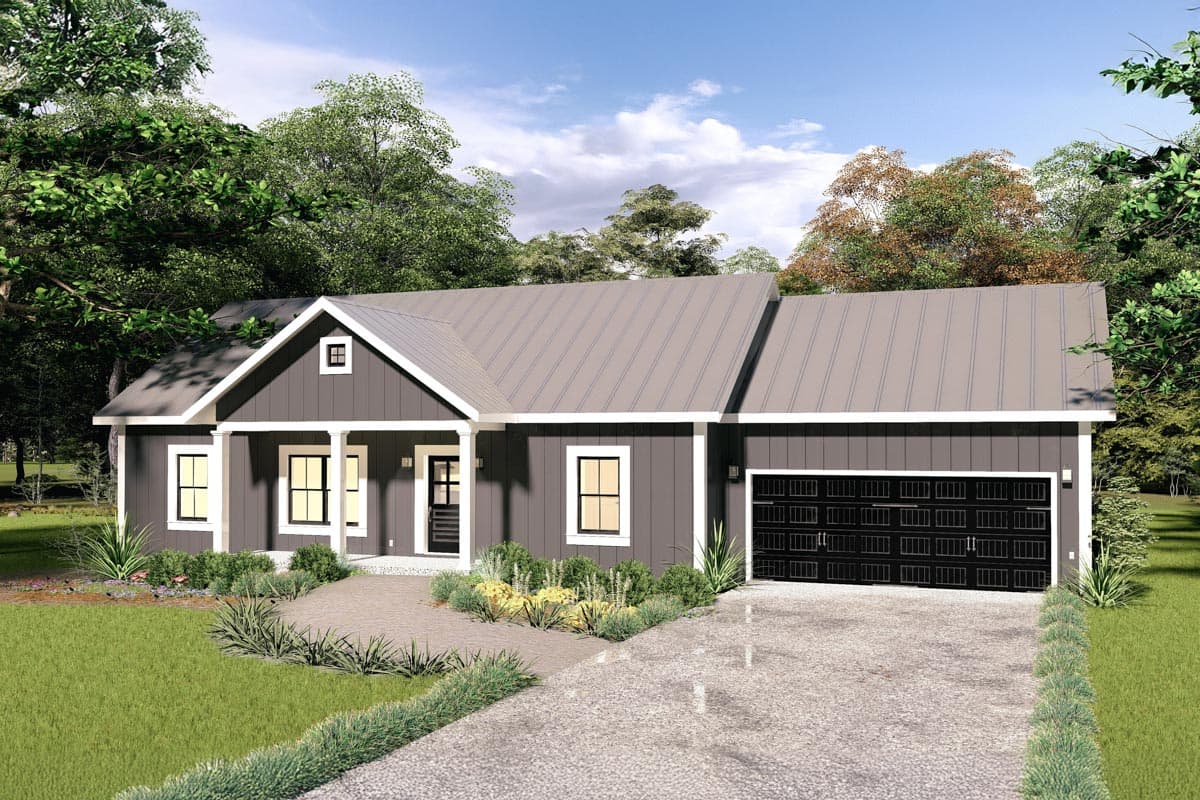 House plan exterior. Modern Farmhouse style with a single story, a front porch with columns, gabled roof, and attached garage with a dark garage door.