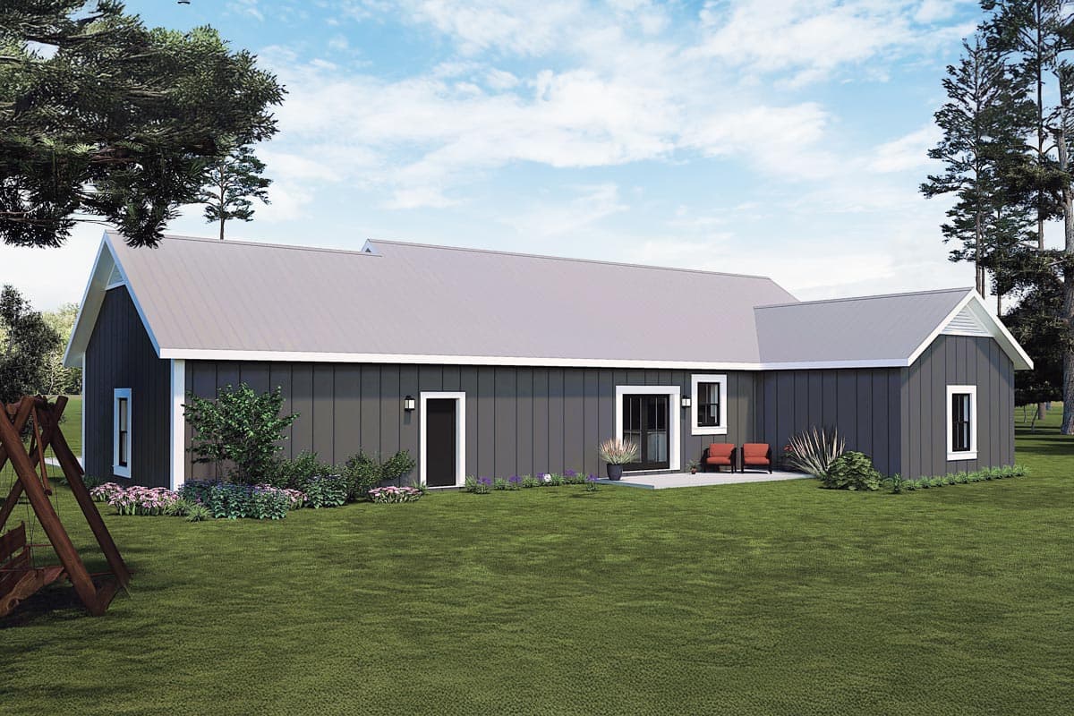 House plan exterior: one-story Modern Farmhouse with a gray vertical board and batten exterior, gabled roof, and minimal windows.