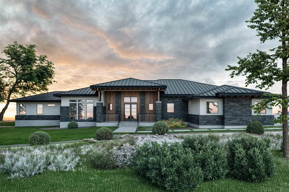 House plan exterior featuring a modern architectural style. Single-story with a dark metal roof, stone accents, and an open front entry.