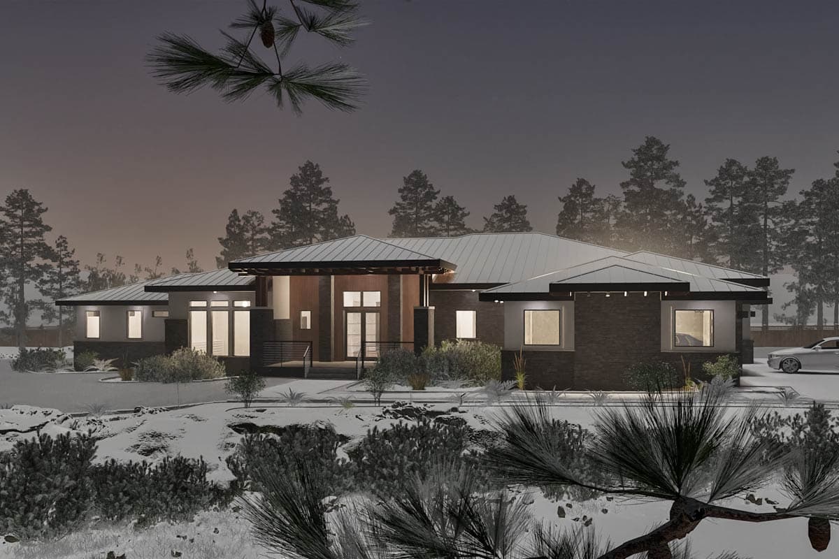 Modern house plan exterior with a low-pitched metal roof, stone accents, large windows, and covered entryway.