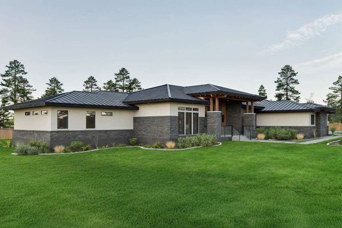 Modern house plan exterior: single-story, dark metal roof, stone and stucco facade, covered entryway with timber posts.