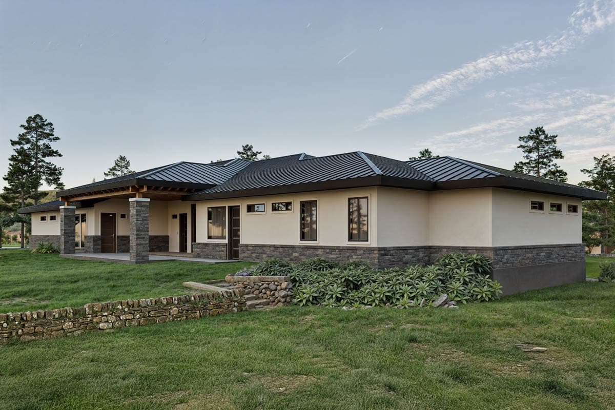 House plan exterior, single-story, Modern style, with a deep covered porch, stone accents, and a metal roof.