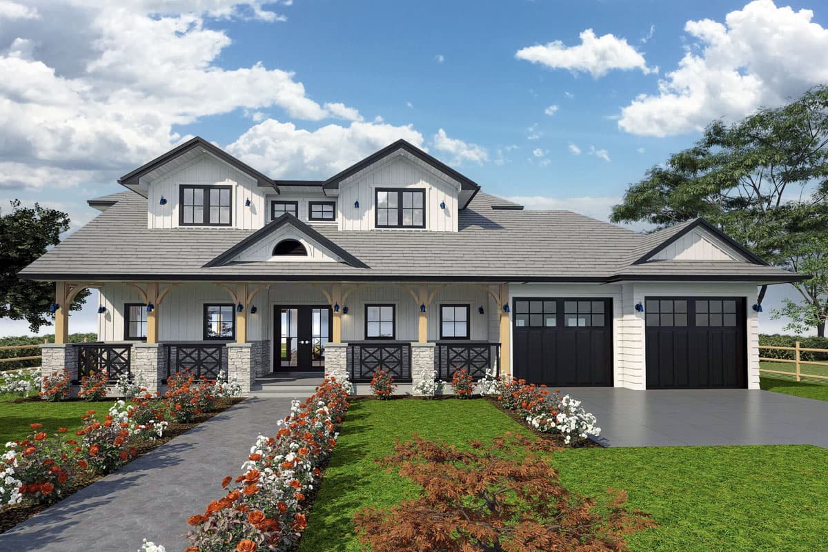 House plan exterior rendering. Two-story farmhouse with a front porch, gabled roof, and attached garage. Includes dormers and decorative railings.