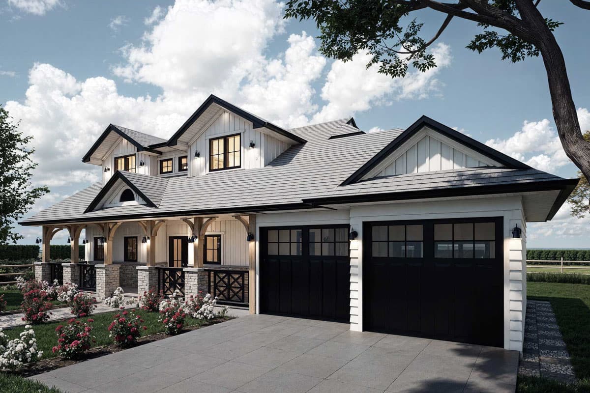 Modern Farmhouse style house plan exterior with gabled dormers, a covered porch with stone accents, and a double garage.