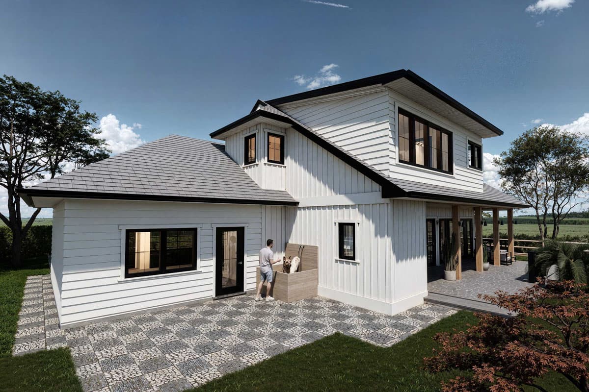 Two-story Modern Farmhouse exterior with white board-and-batten siding, gable roof, and covered porch.