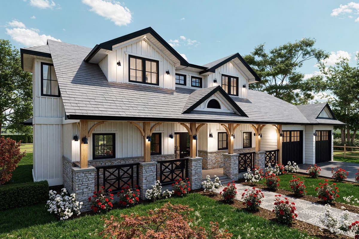 Modern Farmhouse house plan exterior with wraparound porch, stone accents, gables, and a three-car garage.