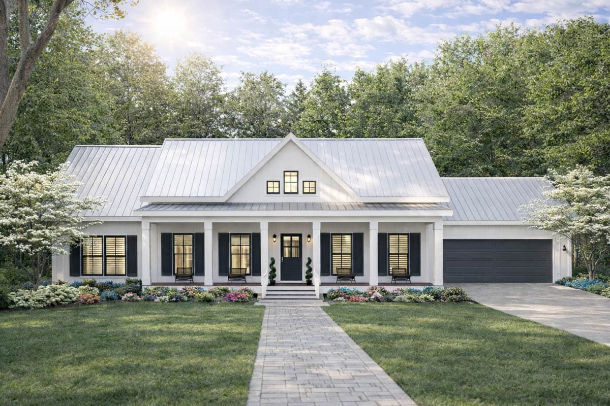 House plan exterior: Modern Farmhouse style, one story, with a full-width covered porch, metal roof, and a side-entry garage.