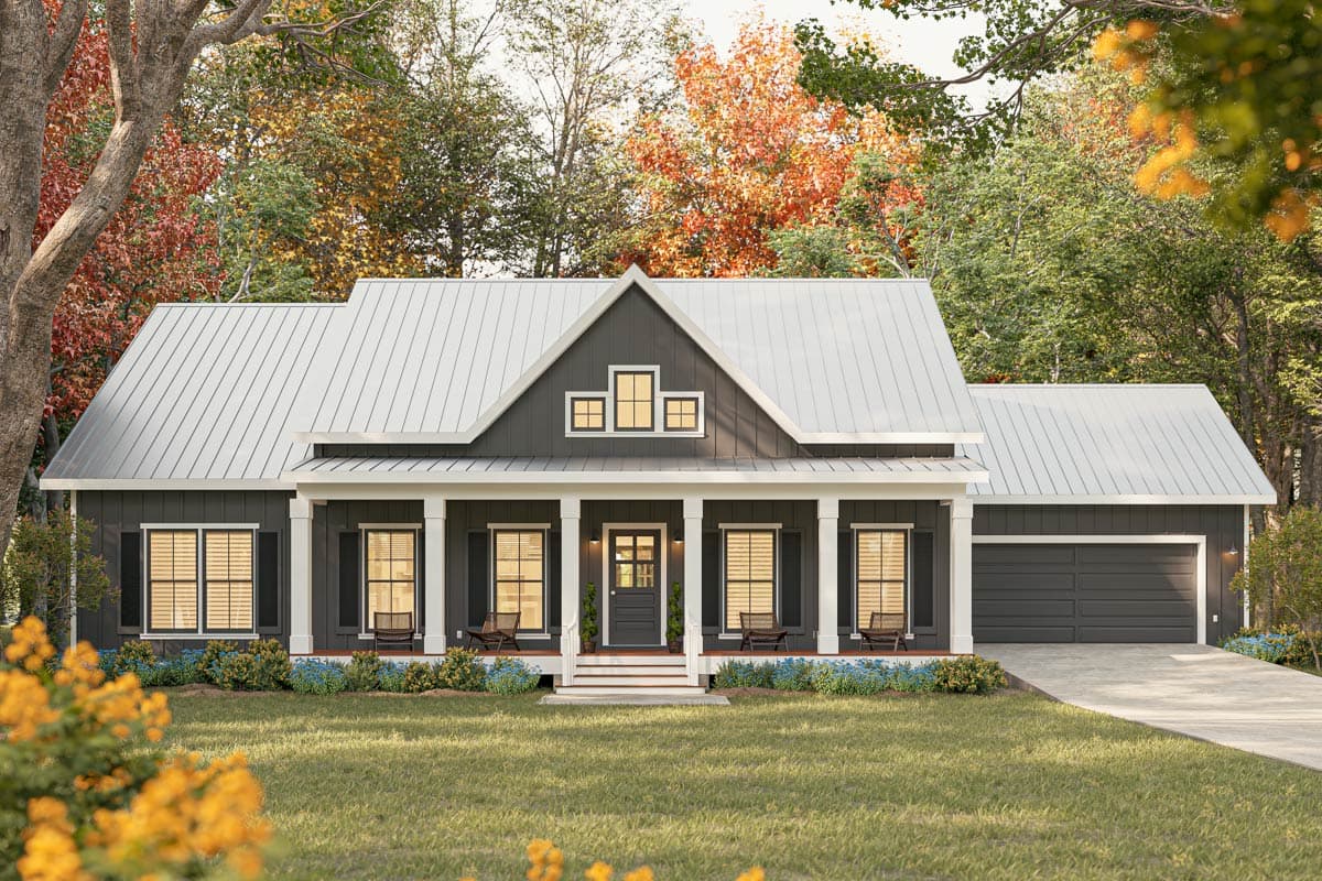 Modern Farmhouse house plan exterior with a gabled roof, front porch, and attached garage.