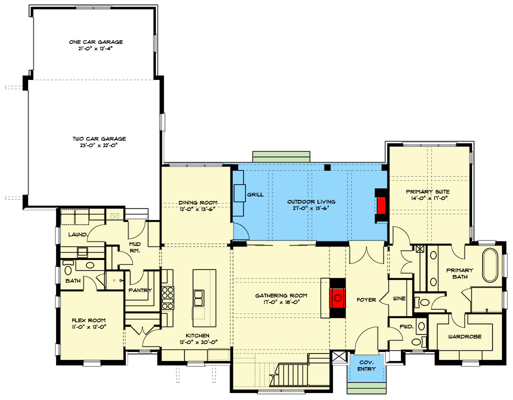 Plan 93216EL: 4-Bed Transitional New American House Plan with Outdoor Kitchen - 3496 Sq Ft - Floor Plan - Main Level - Contemporary, Country, Modern Farmhouse, New American, Transitional