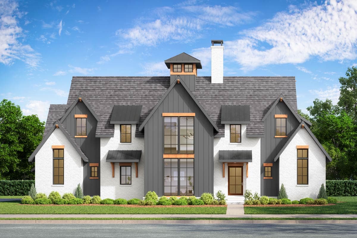 House plan exterior. Two-story Modern Farmhouse with gables, dormers, and a prominent central roof cupola. Features brick exterior and dark roof.