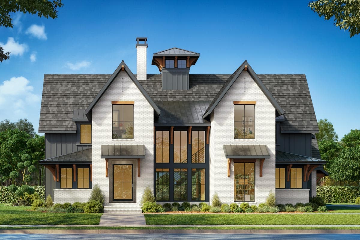 House plan exterior. Two-story Modern Farmhouse with gabled roof, dormers, and a prominent chimney. Features include dark trim and large windows.