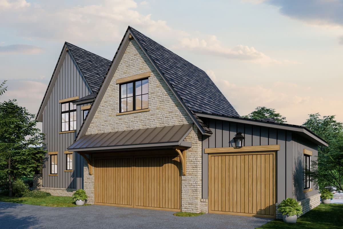 Modern Farmhouse house plan exterior with dual gables, stone and vertical siding, and a three-car garage.